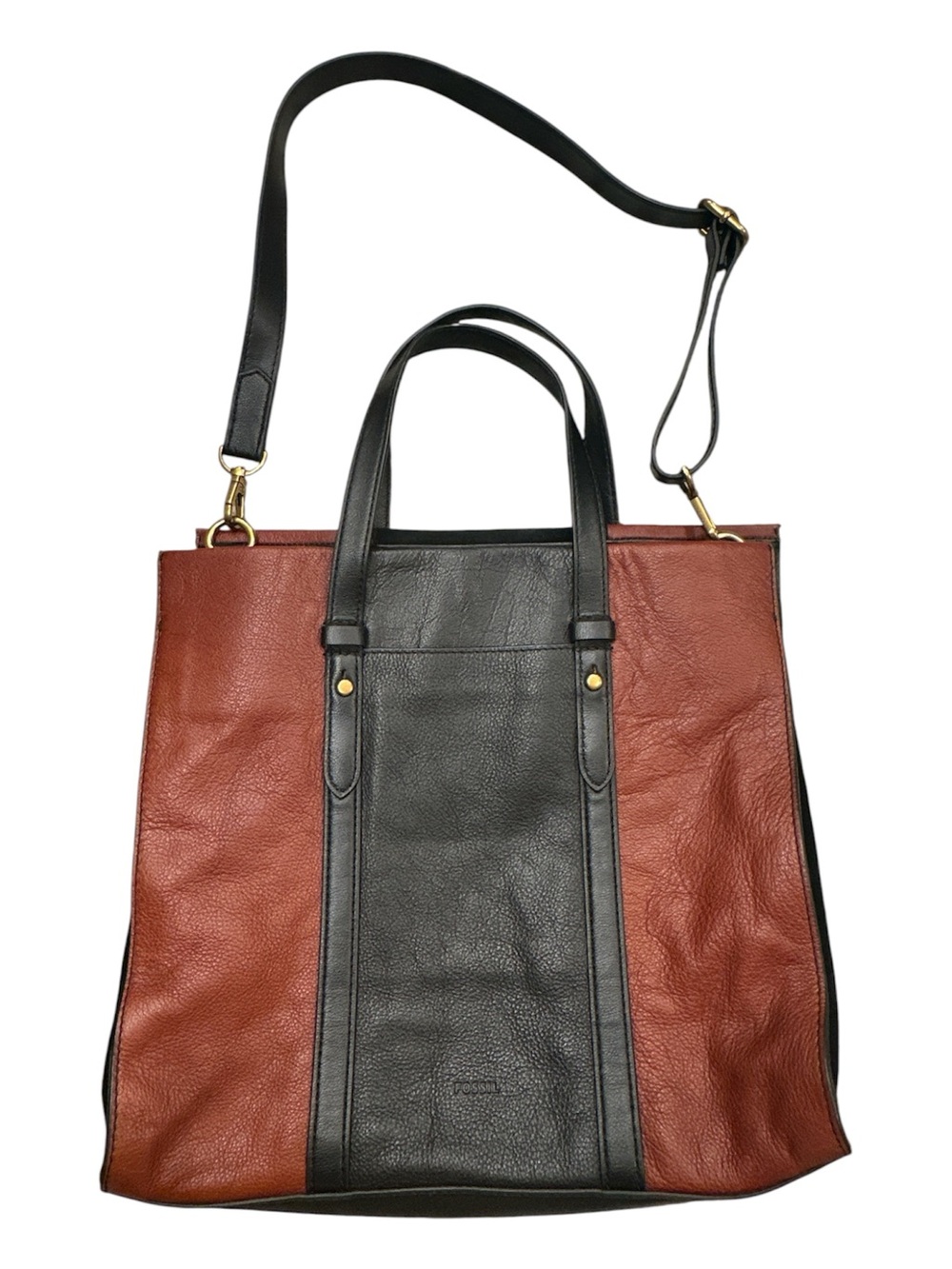 ⁠Fossil Colorblock Leather Suede Tote Crossbody Bag Brown Black SHB2697